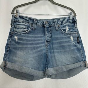 Silver jeans blue distressed denim shorts